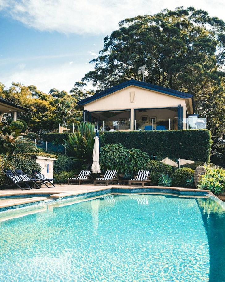 A view across the pool to The Outlook Cabana some best Central Coast accommodation 
