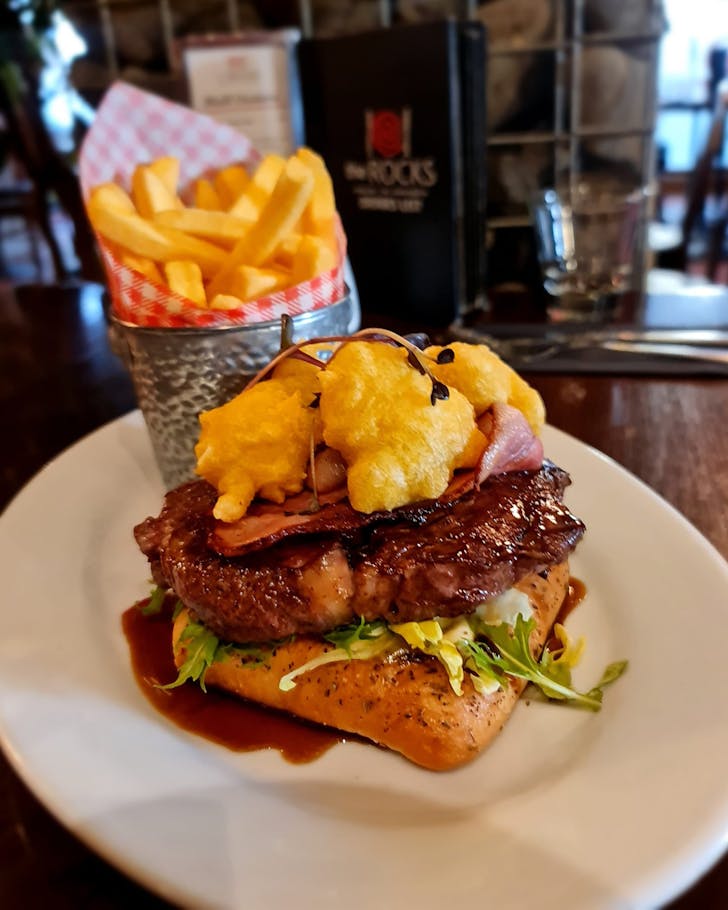 A steak and oyster open sandwich from The Rocks Cafe & Shop 5. 