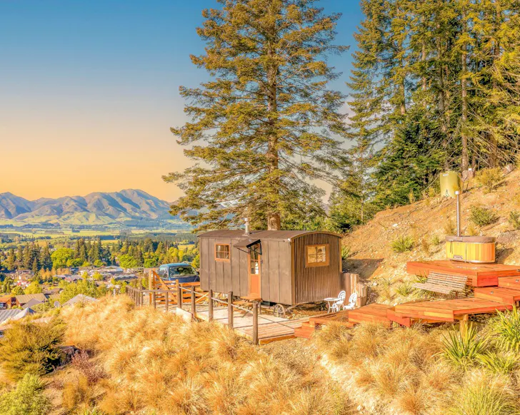 An exterior view of The Shepherd’s Hut best Hanmer Springs accommodation
