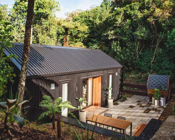 A view of the Wellnest and its barrel sauna one of the best romantic stays in Wellington