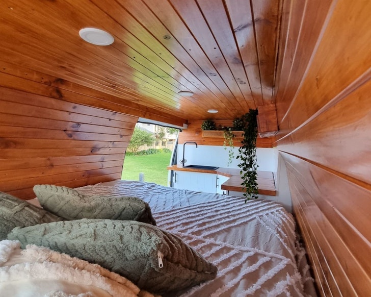 The wooden interior of The Wooden Gem 2 best pet-friendly campervan hire Perth WA