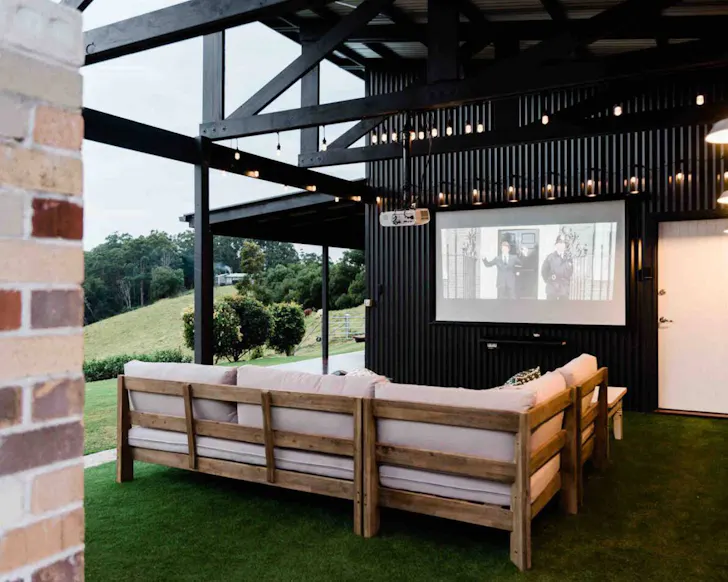The outdoor projector at Thirlestane Farm best family friendly Airbnbs near brisbane