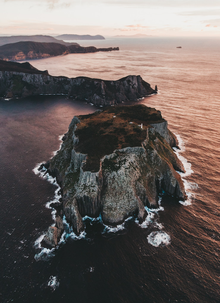 Aerial view of Three Capes Walk in Tasmania at dusk.