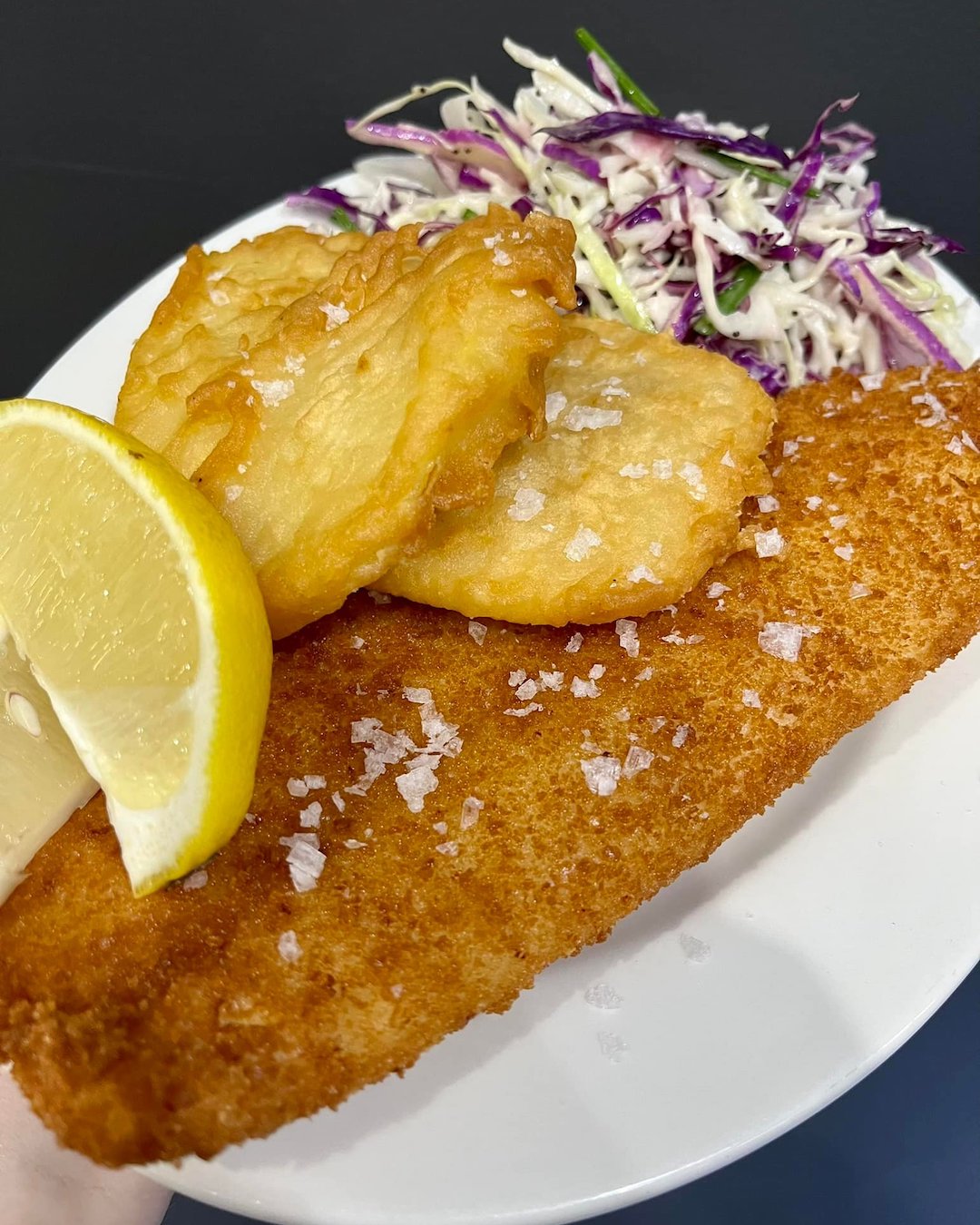 Crumbed fish and potato scallops from Three Girls Fishing