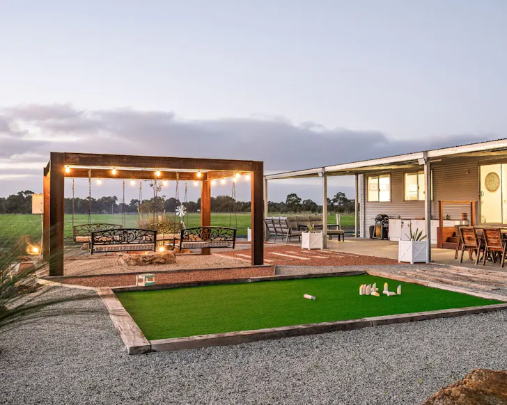 The outdoor entertainment area at Zak's Cabin Timpano's Farm one of the best WA Airbnb stays
