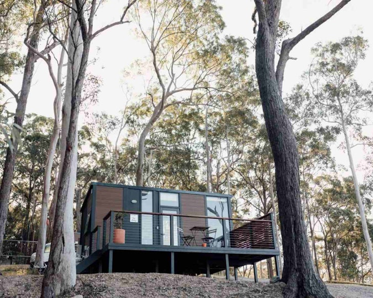 The Tiny Tamborine tiny home surrounded by trees in South East Queensland