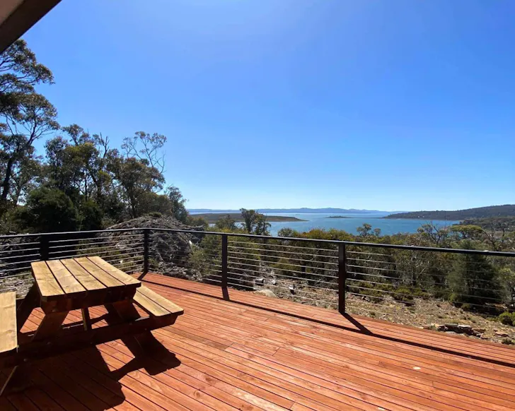 The lake view from the deck at Tod’s Corner Cabin best lake houses Tasmania