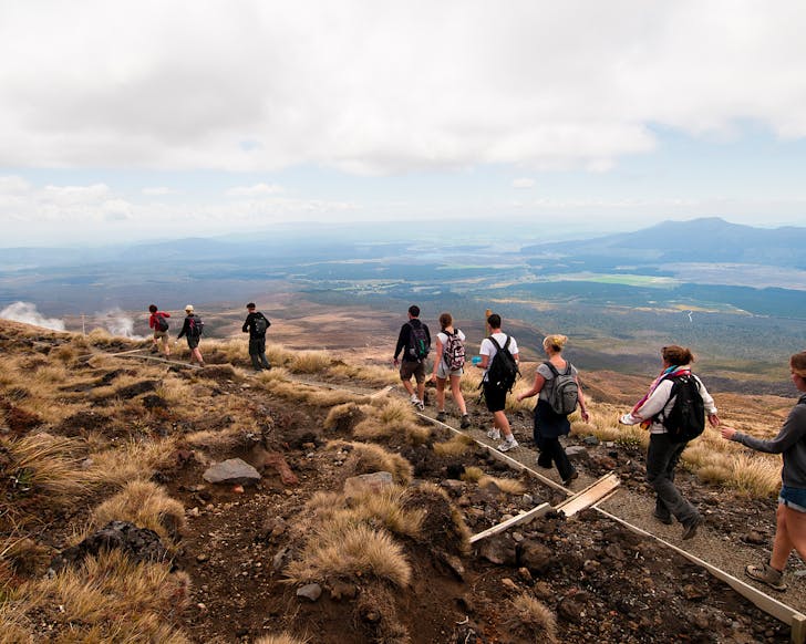 Trampers walking along part of the Tongariro Alpine Crossing, one of NZâs Great Walks. 