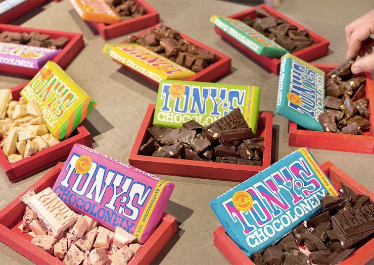 Tony's chocolonely bars broken up for tasting.