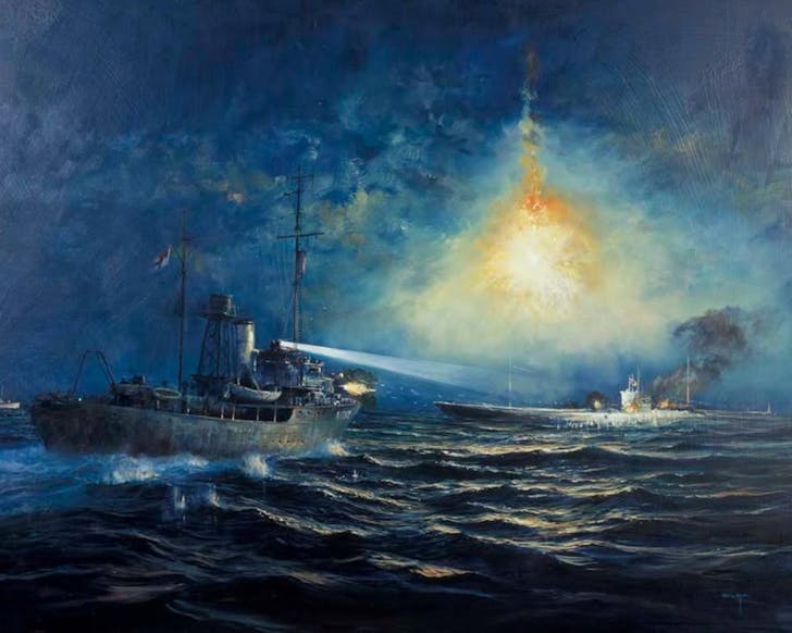 An artwork by Colin Wynn, depicting HMNZS Moa and Kiwi encountering a Japanese submarine off Kamimbo Bay. 