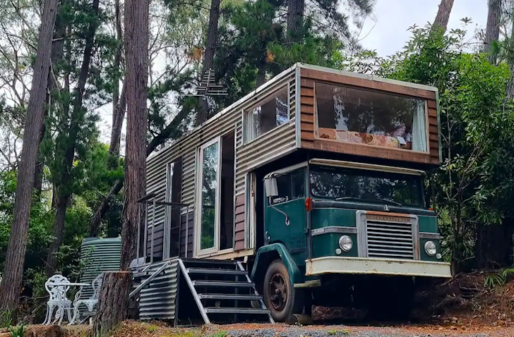 A view of the teal-coloured truck tiny home in Victoria