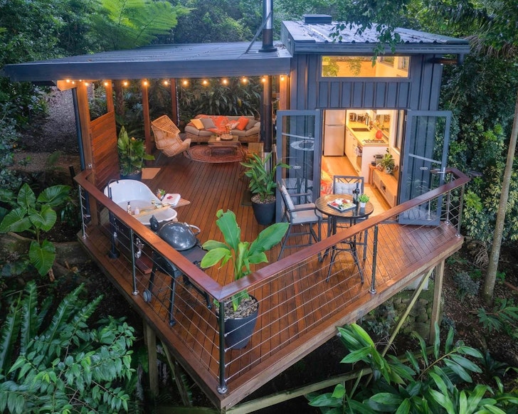 An aerial view of Tree Songs Tiny House best Airbnbs with outdoor baths Sunshine Coast