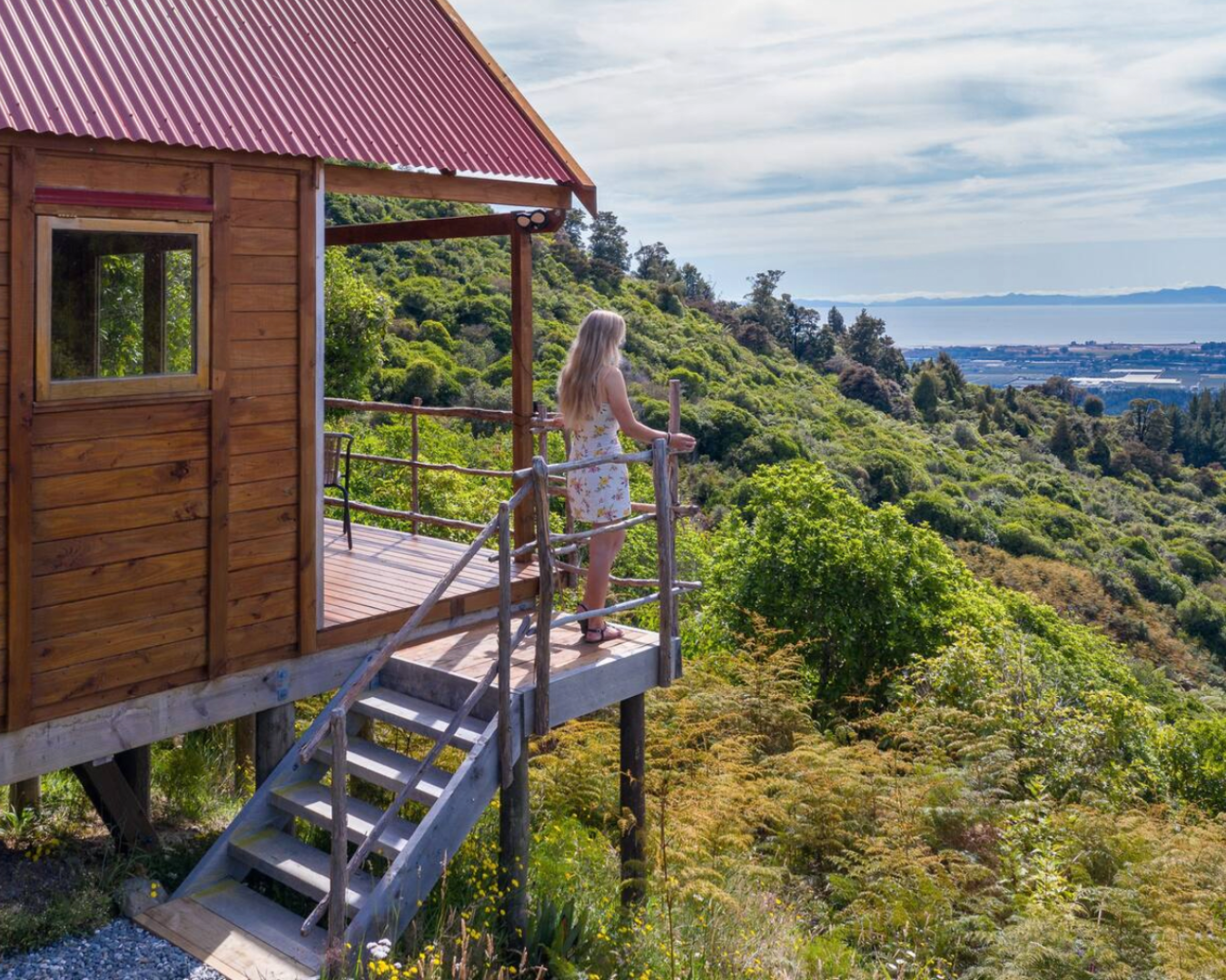 The treehouse in Abel Tasman looks out over the Tasman Bay
