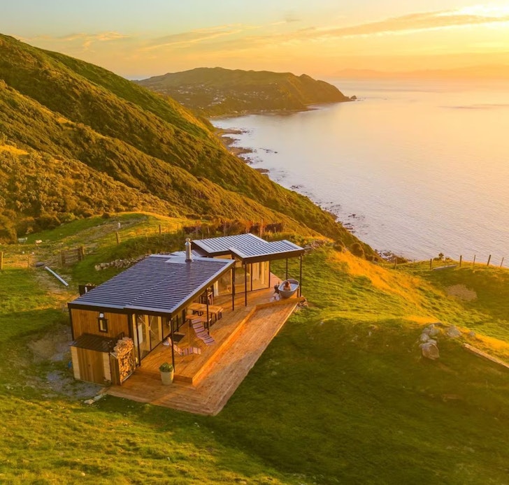 An aerial view of Tunapo Escape Airbnb near the water, one of the best romantic stays in New Zealand