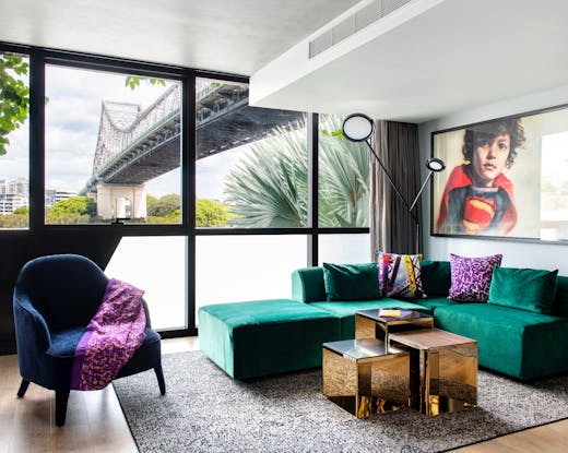 A colourful hotel room under the story bridge
