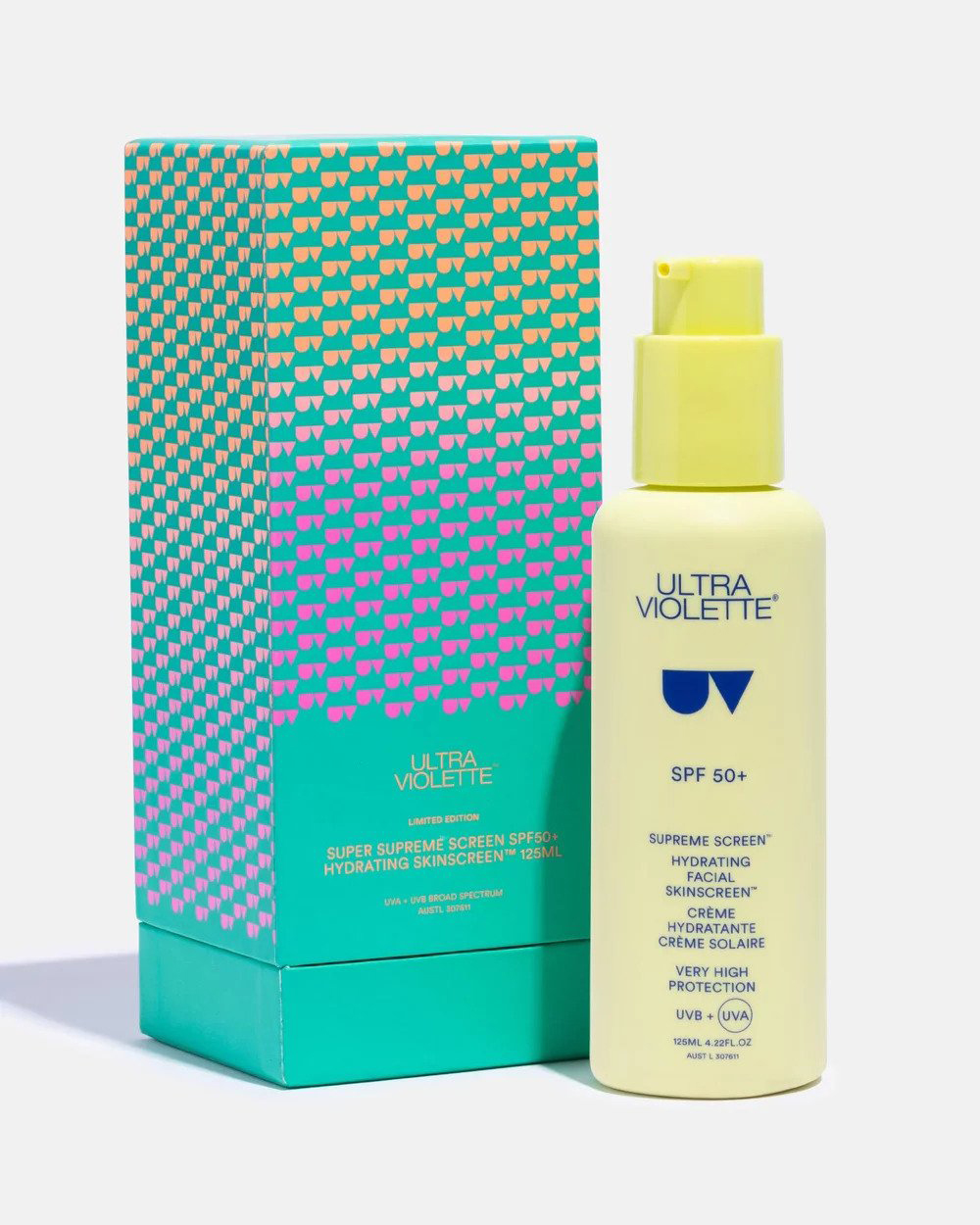 A tall green patterned box with a bright yellow pump bottle of Ultra Violette sunscreen.