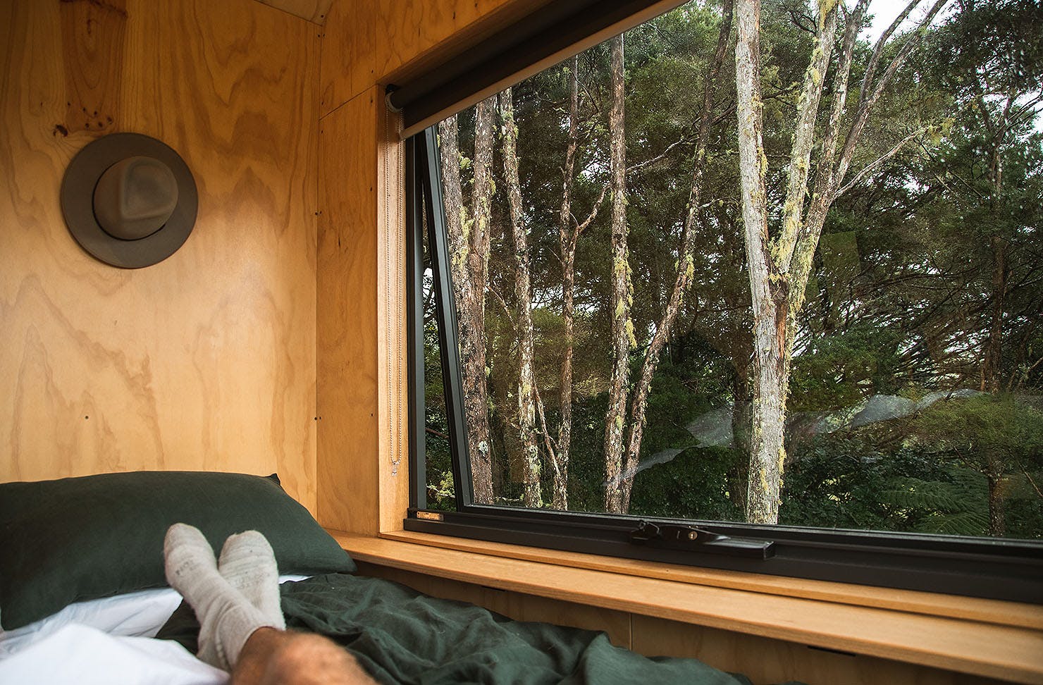 Someone puts his feet up at the first NZ cabin.