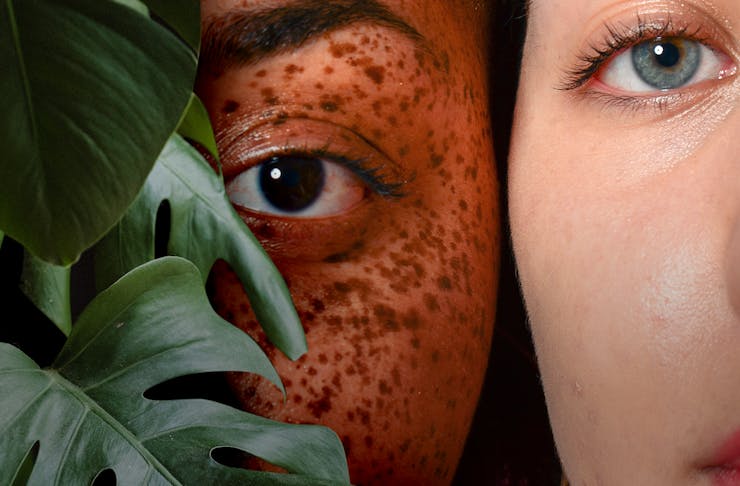 Very close up of two people, one has dark skin with freckles and one has light skin. A Monstera leaf is covering part of their faces.