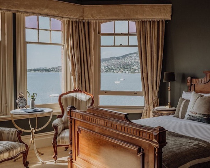 A character room with a water view at Grande Vue Hotel one of the best Hobart hotels