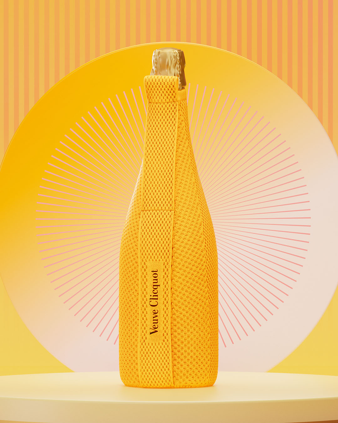 A bottle of Veuve looking cosy in its ice jacket.