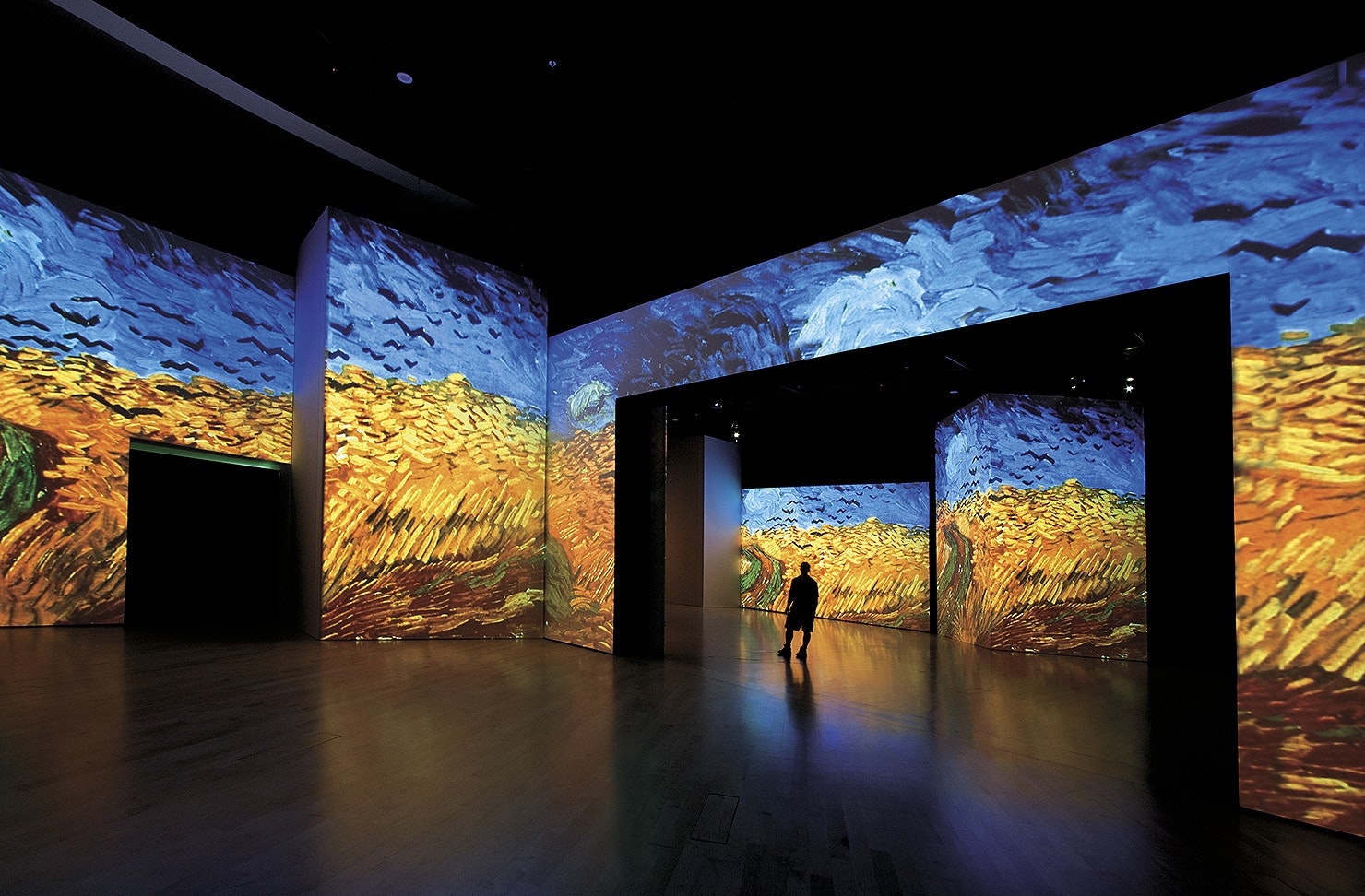 A person walks amongst a massive Van Gogh painting.