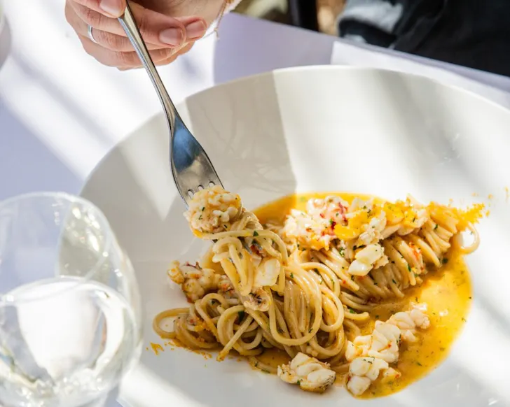 Fork in plate of pasta