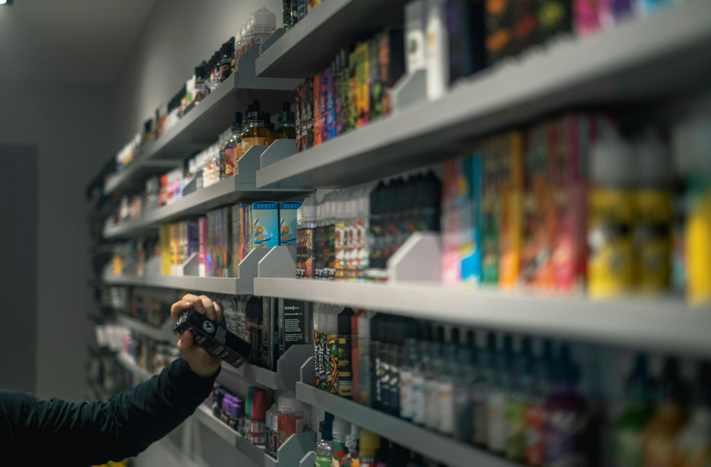 A wall of nicotine juices for vapes and e-cigarettes. This comes as the Australian Federal Government moves to ban vapes from July 1.