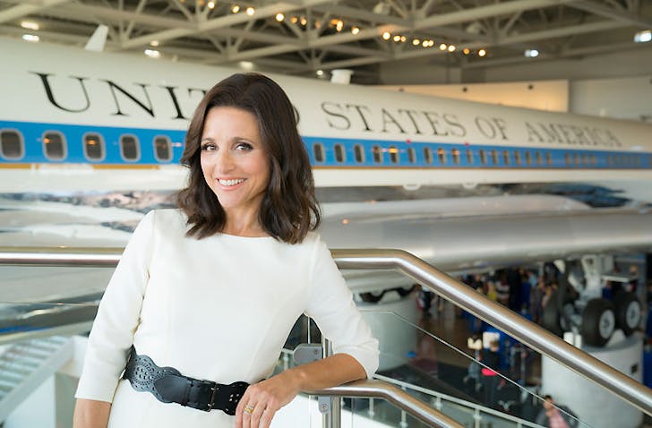 Julia Louis-Dreyfus as Vice President Selina Meyer, standing in front of Air Force Two in HBO's Veep
