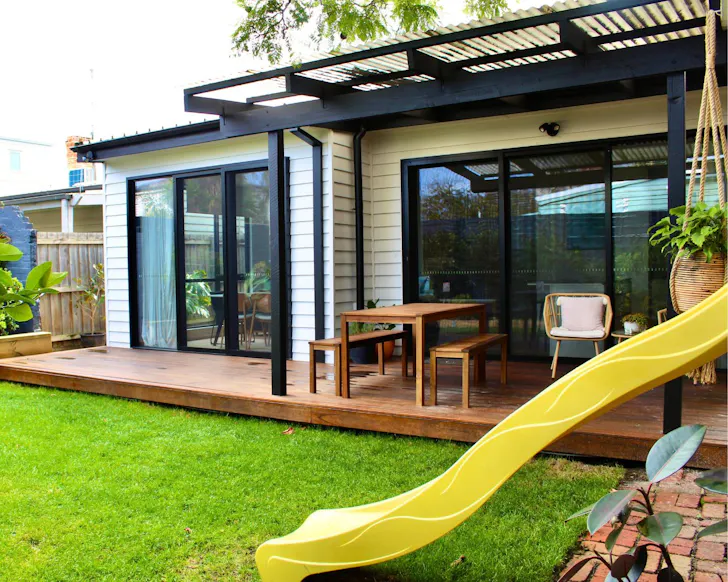 The backyard and slide at Victorian Abbotsford Home best family-friendly Airbnbs Melbourne