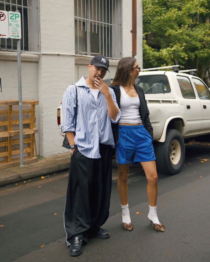 Eric and Maisie in one frame showcasing a new CBD-approved look pairing outfits thrifted from Vinnie Finds
