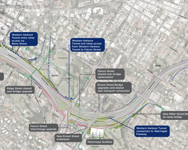A cropped image of a above-view image of the freeway and roads around the area that includes graphed lines and annotations to show where new changes will be made for the upgrade.