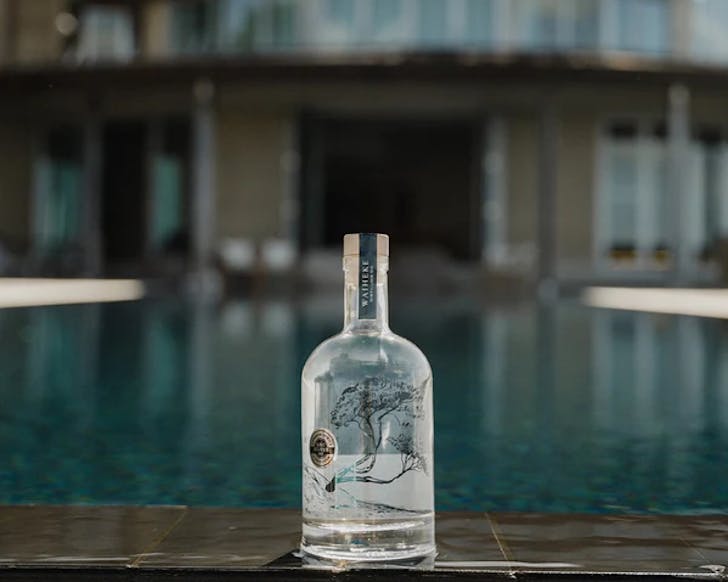A beautiful gin bottle against a pool background. 