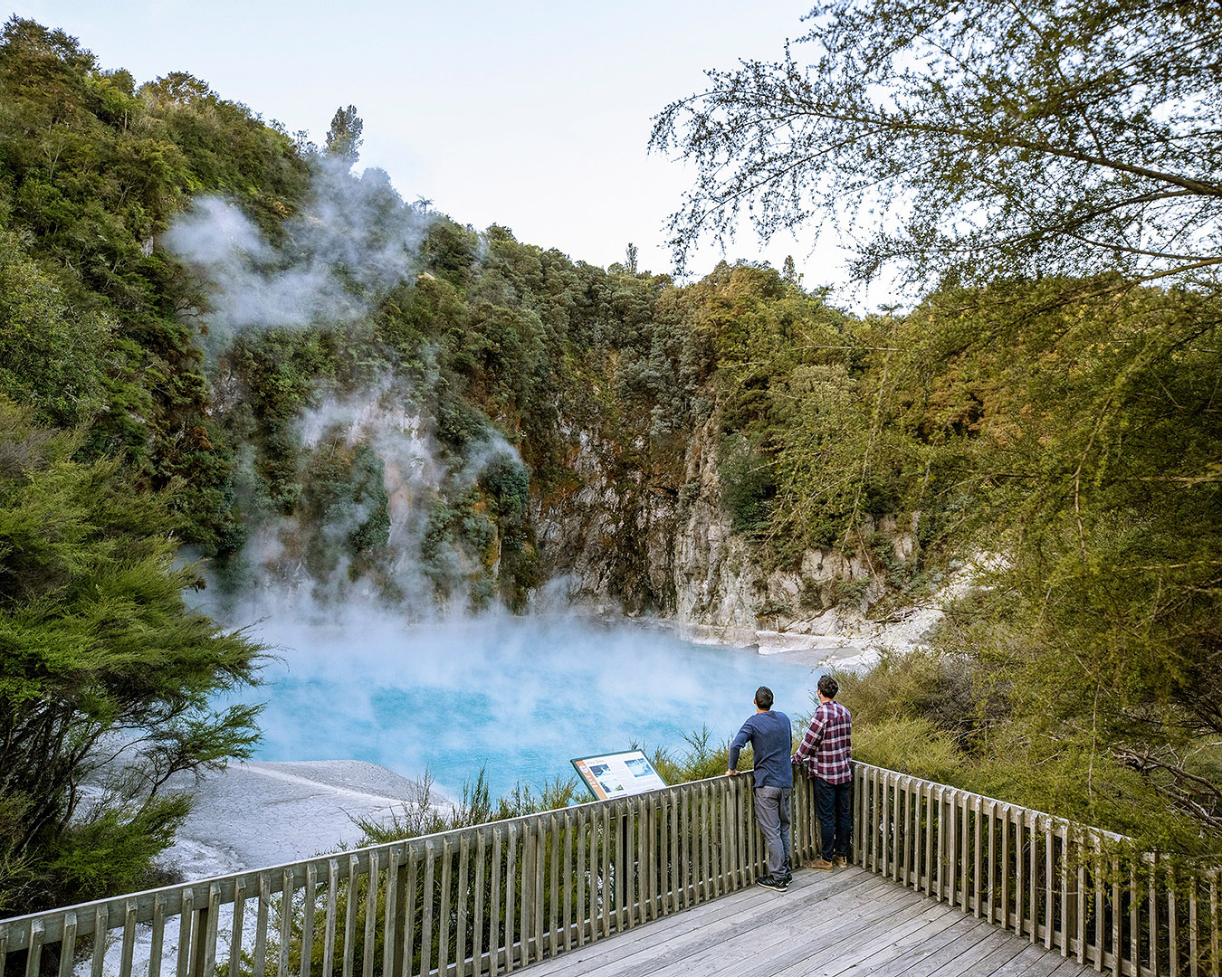Two people admire the scene at Waimangu Volcanic Valley in Rotorua