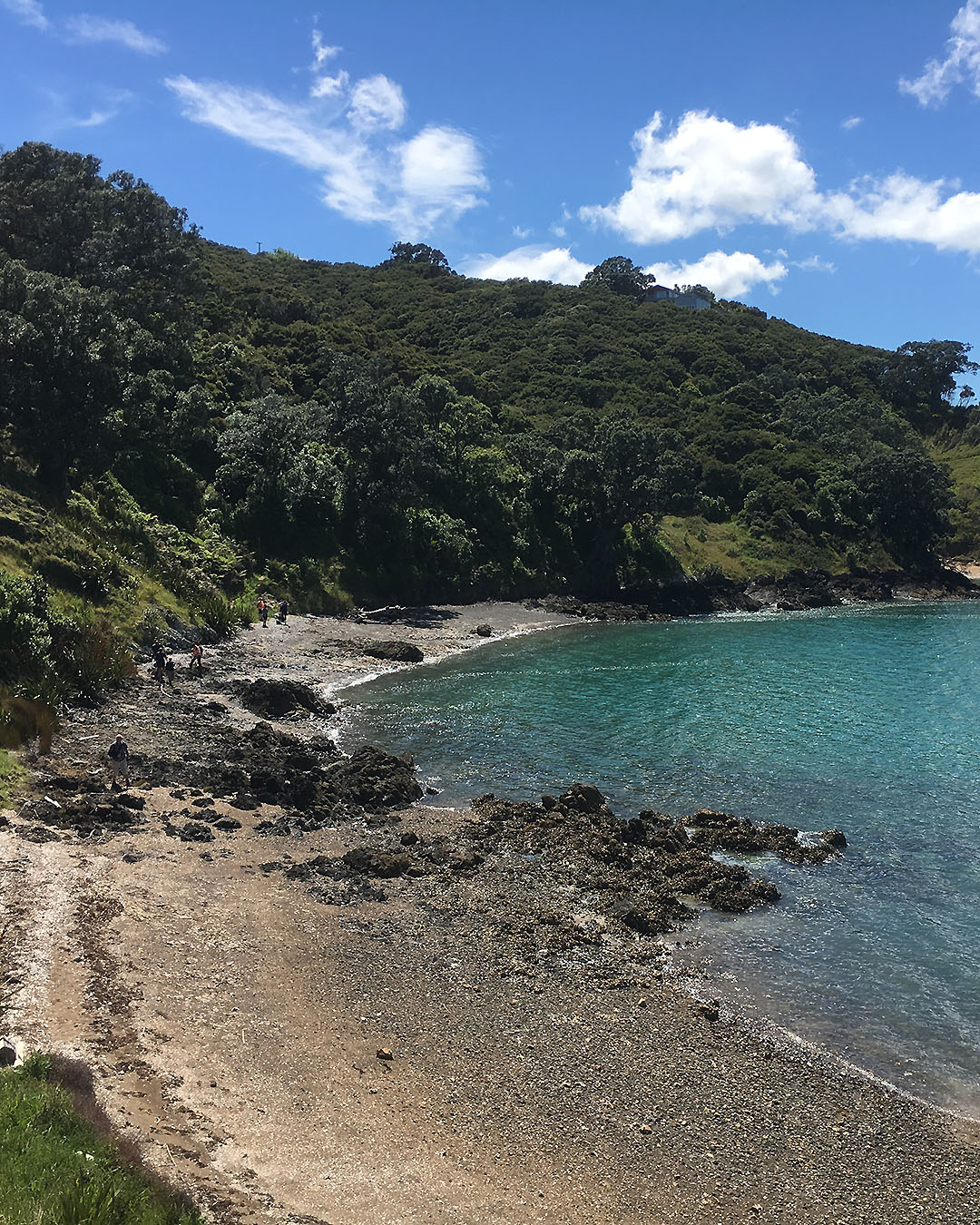 People walk by a stunning beach on Waiheke Island, just one of 50 amazing free things to do in Auckland.