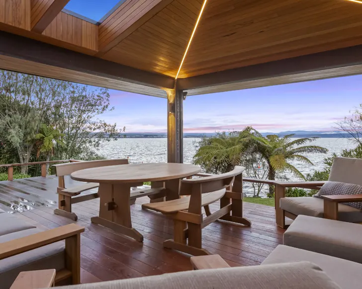 the view from the deck at Water’s Edge Luxury best lakefront Airbnbs NZ