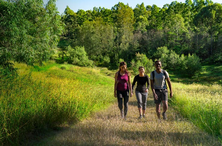 Three hikers in Western Sydney Parklands. 