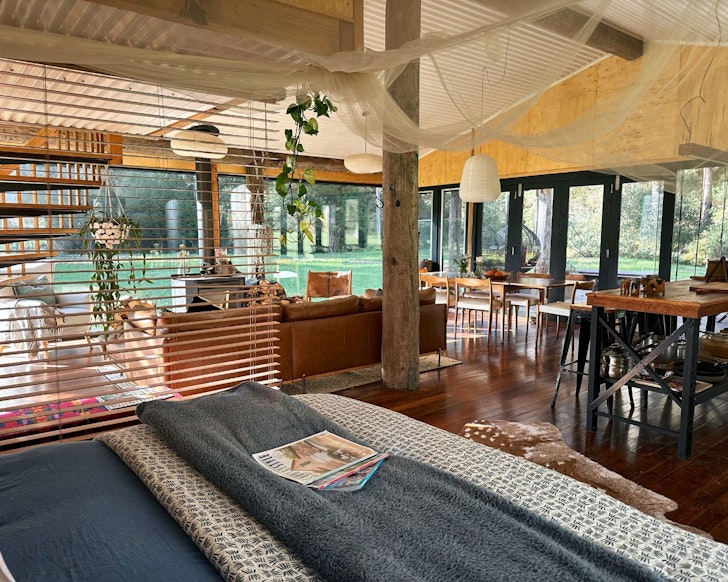 An inside view of Whitegum Forest Pod one of the best pet-friendly Airbnbs Victoria