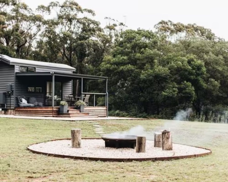 An exterior view of Wildernest romantic Airbnb and fire pit one of the best stays in NSW