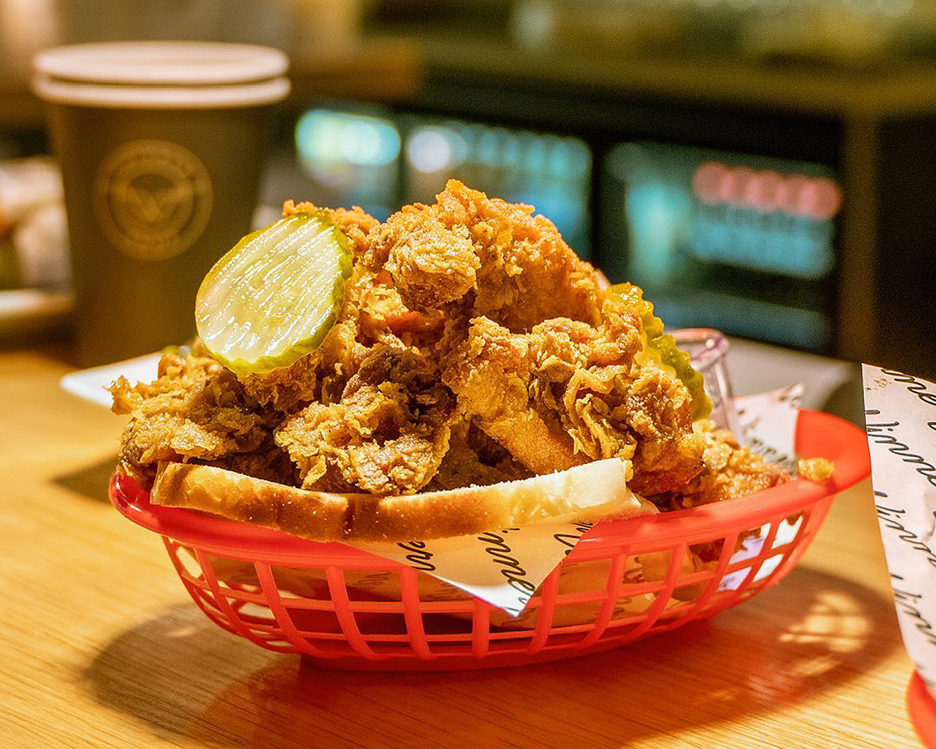 A fried chicken basket with pickles and bread from Winner Winner in Pukekohe.