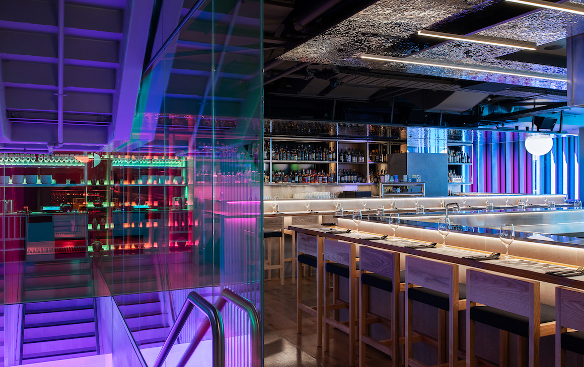 neon lit dining area