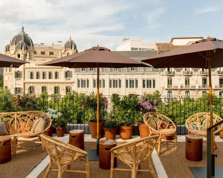Golden hour on the rooftop at Yurbban Ramblas Boutique Hotel in Barcelona. 