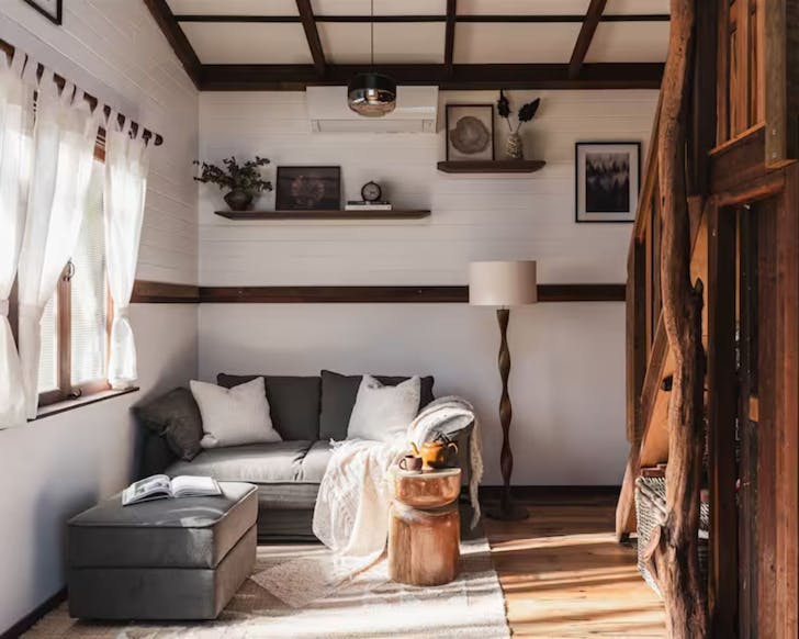 The living space at Yutori Cottage one of the best Airbnbs in the Sunshine Coast