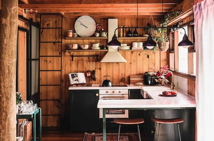 A view of the rustic kitchen at Juniper Grove one of the best Adelaide Hills accommodation