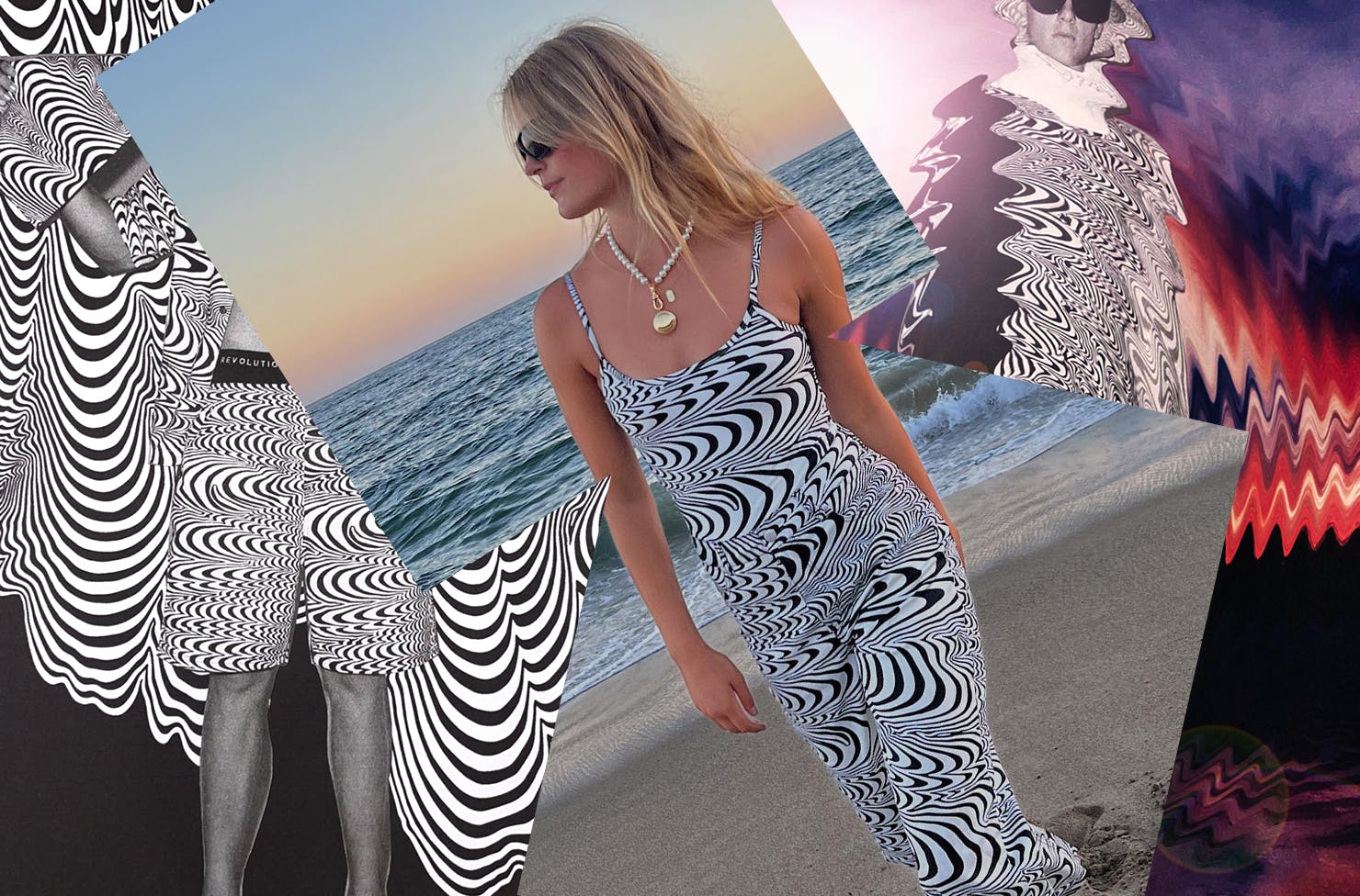 A collage featuring people wearing black and white pieces from the Afends x Broccoli Magazine collection. 