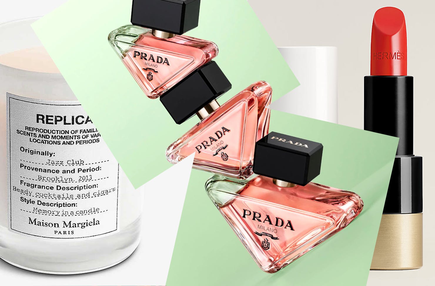 A collage featuring a candle, perfume, and lipstick