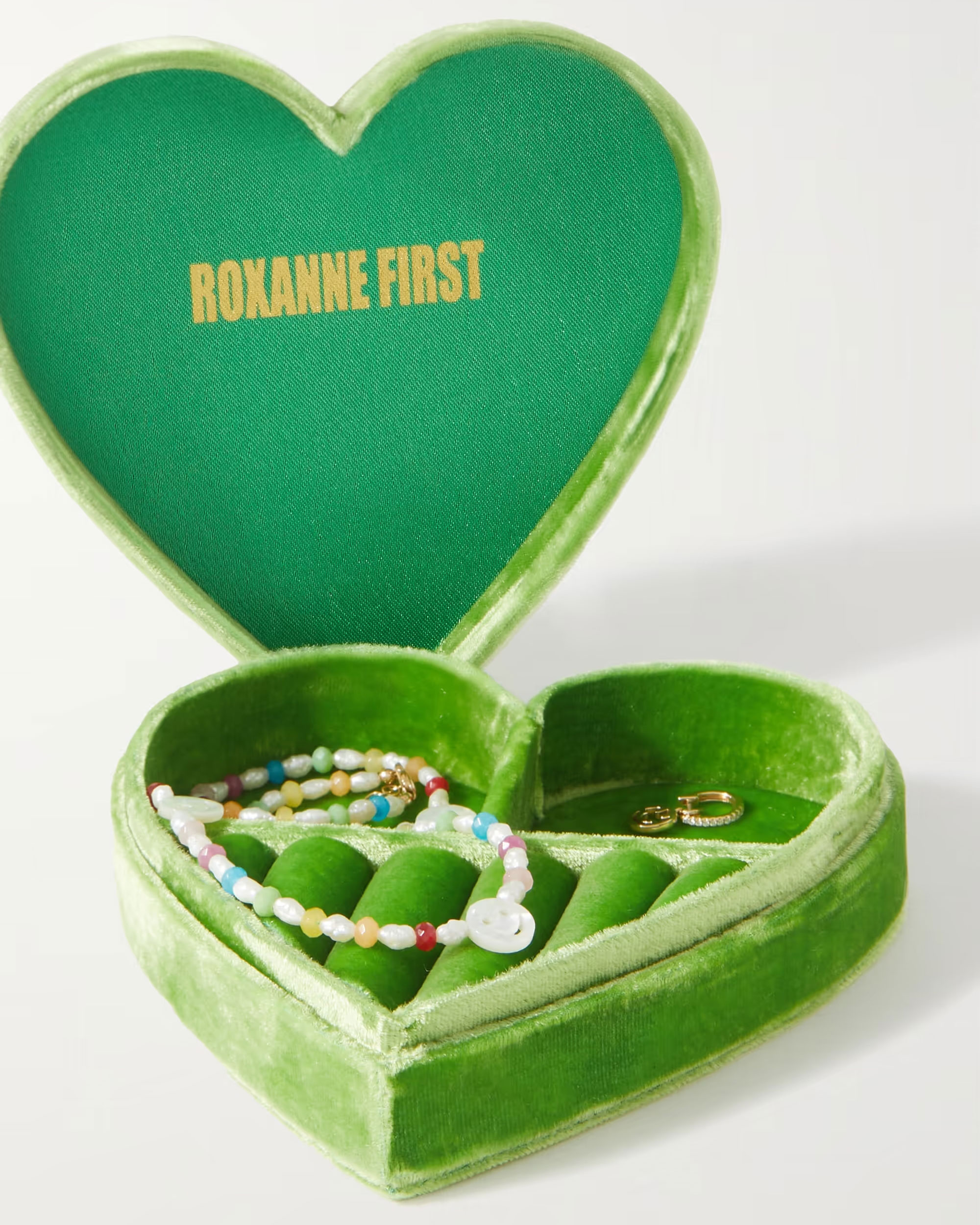 Roxanne First green velvet jewellery box, an affordable luxury gift