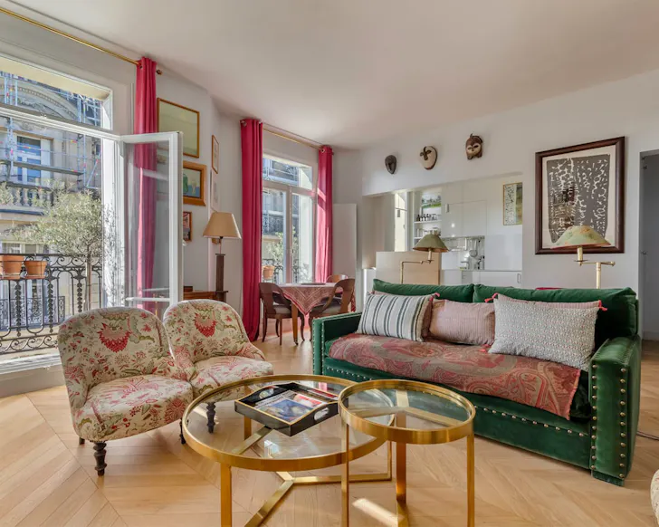 lounge area inside an airbnb with eiffel tower views 