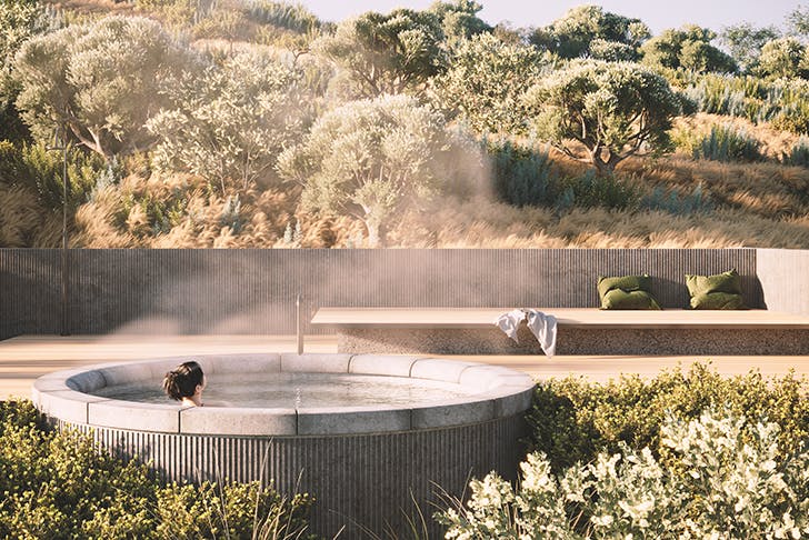 A render of a woman in an outdoor thermal spring.