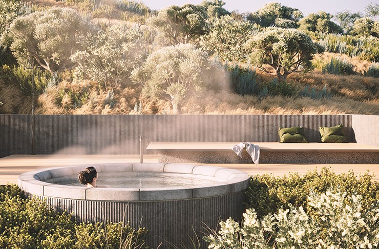 A render of a woman in an outdoor thermal spring.