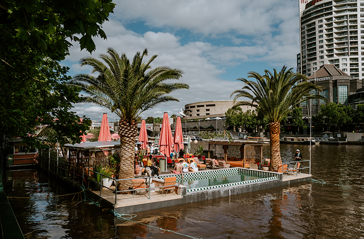 Wondering what's on in Melbourne? Check out Arbory Afloat, a river pontoon bar with palm trees.